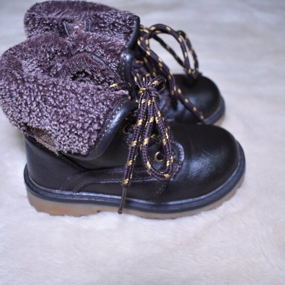 Little boys Brown Leather Fleece Lined Winter Work Boots Size 9 - Picture 5 of 7